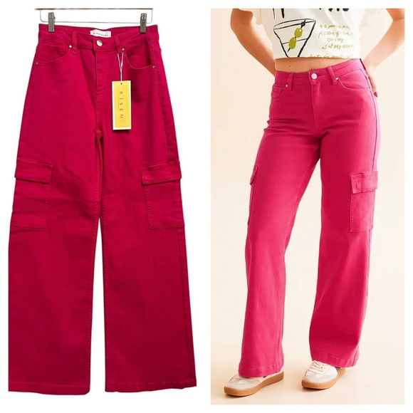 Risen Jeans Denim - Risen Cargo Jeans Womens 7/28 Fuchsia Pink Wide Leg Utility Y2K Streetwear Bold